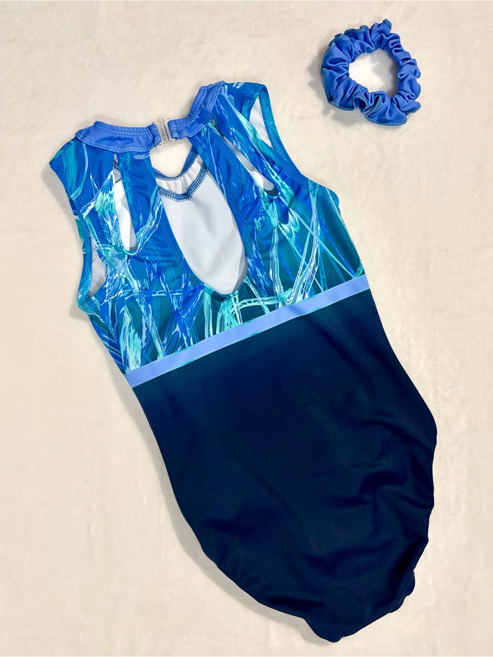 GK Jordan Chiles Performance Leotard Blue Rhinestone CM With Matching Scrunchie - Picture 7 of 11